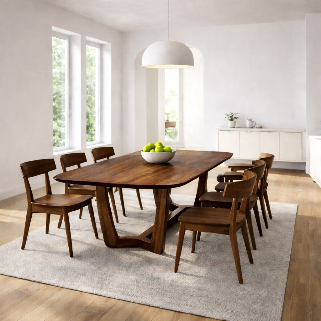 Solid Wood Rectangular Dining Table with Sculptural Base – Modern Rustic Wooden Dining Table
