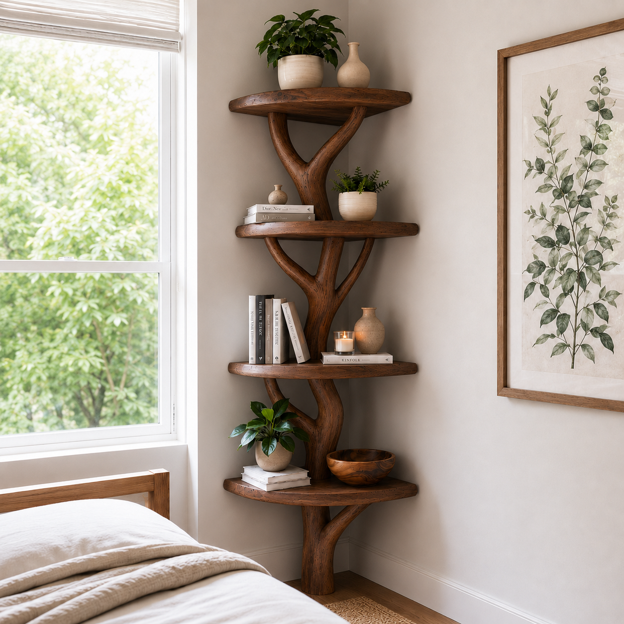 Handcrafted Solid Wood Tree Corner Shelf with Twisted Branch Design