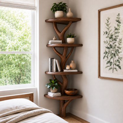 Handcrafted Solid Wood Tree Corner Shelf with Twisted Branch Design