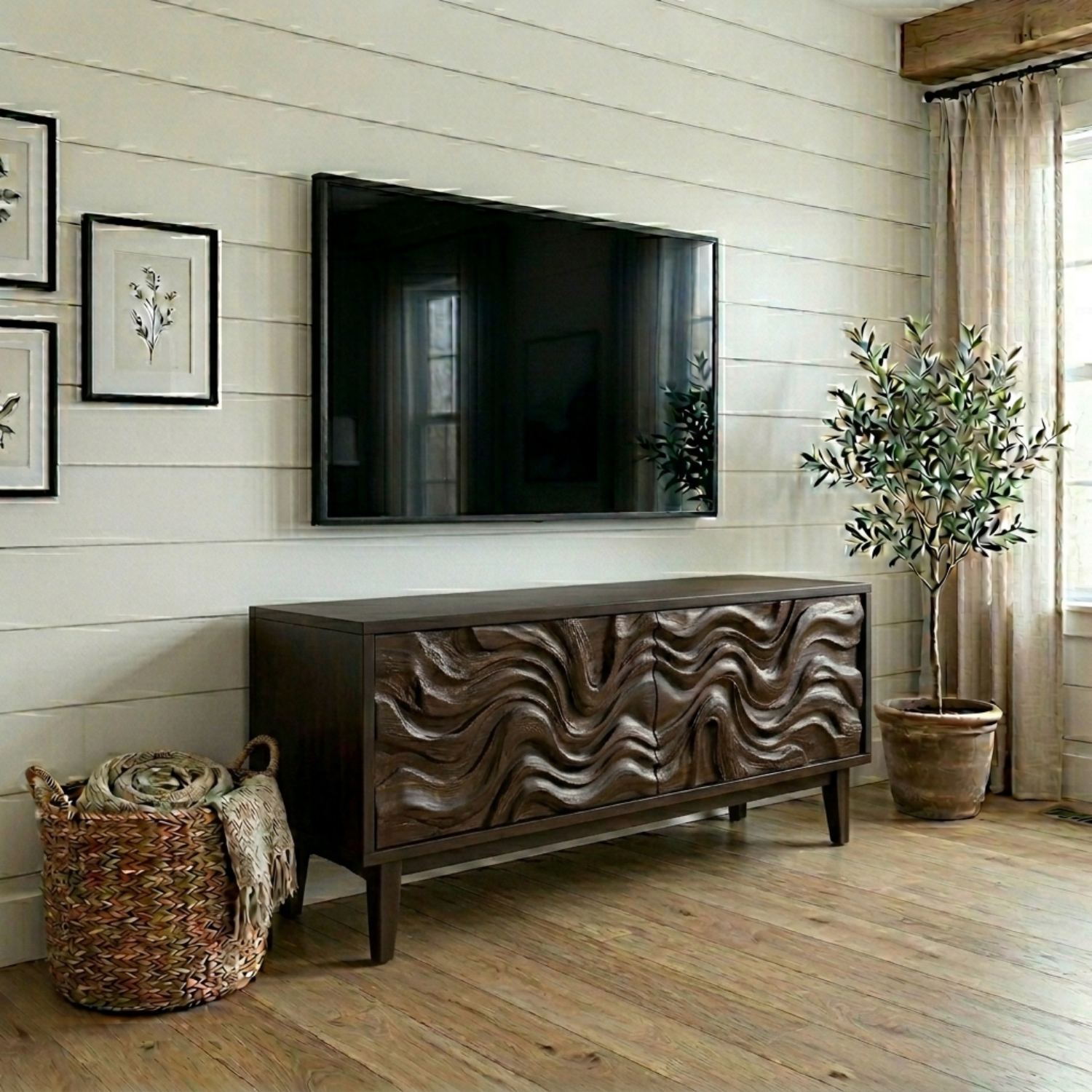 Solid Wood Rustic TV Stand with Hand-Carved Wave Doors – Modern Media Console
