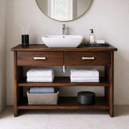 Solid Wood Bathroom Vanity Cabinet with Drawers and Open Shelves – Modern Freestanding Single Vanity