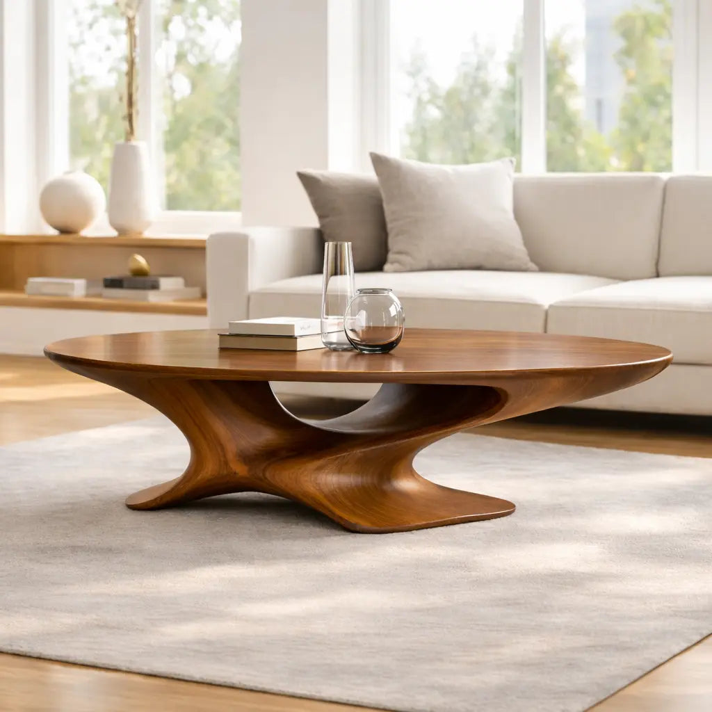 Modern Solid Wood Coffee Table with Sculptural Base and Round Wooden Living Room Table Kitchnce