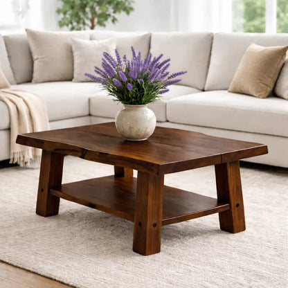 Solid Wood Coffee Table with Storage Shelf Rustic Wooden Living Room Table Kitchnce