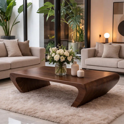 Modern Solid Wood Coffee Table with Sculptural Curved Base Minimalist Living Room Table Kitchnce