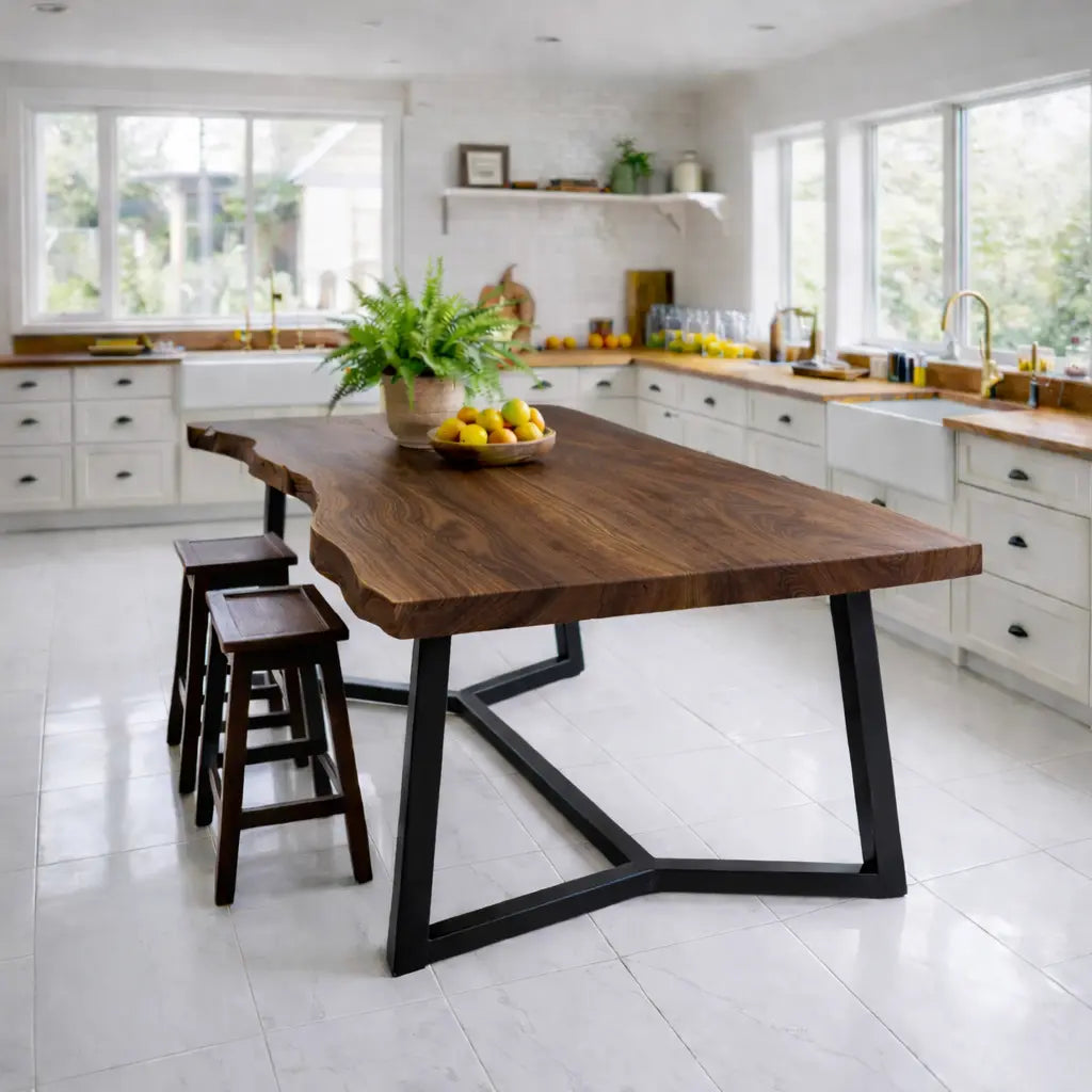 Live Edge Solid Wood Dining Table with Modern Black Metal Legs Rustic Kitchen Table Kitchnce