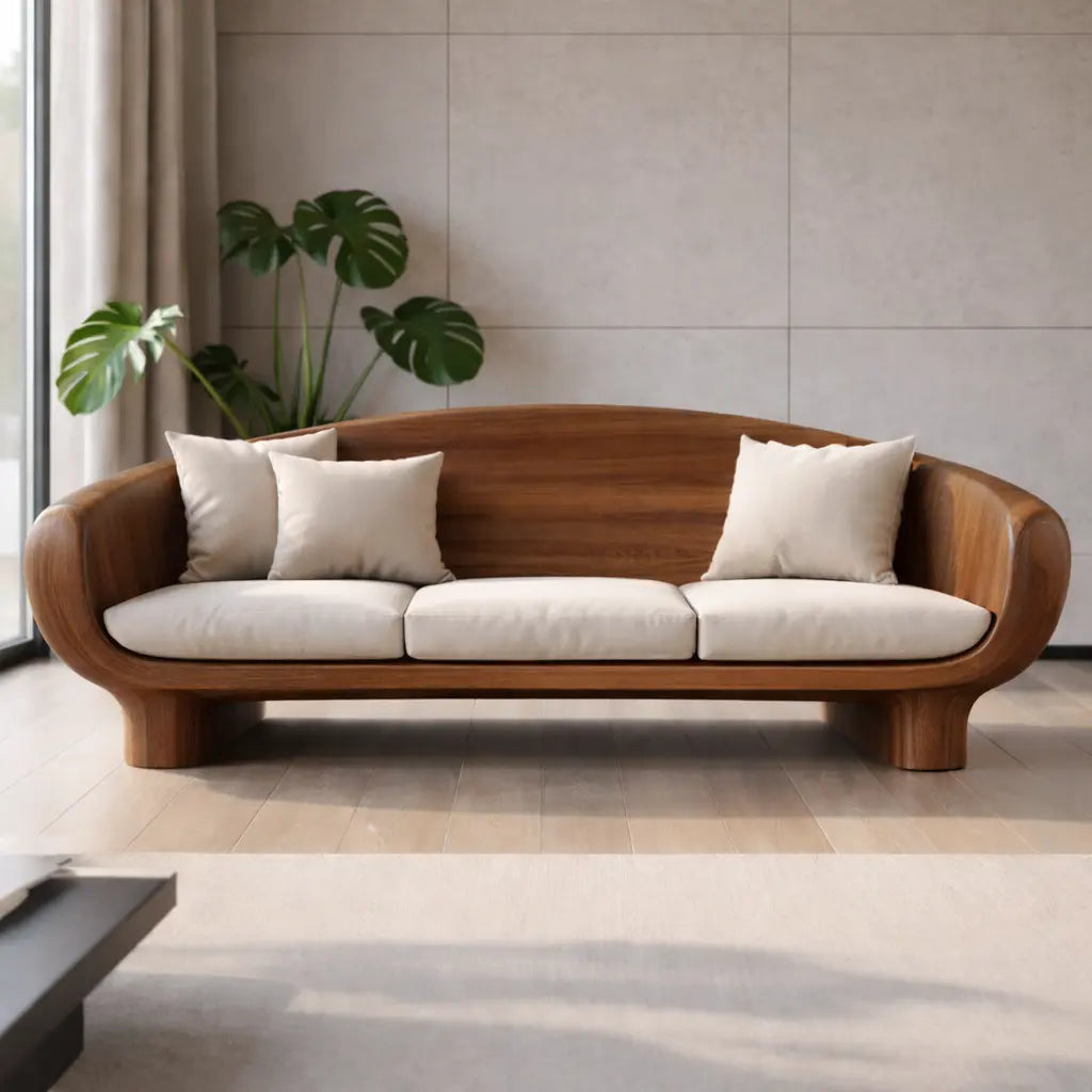 Modern Solid Oak Sofa with Curved Wooden Frame Minimalist Scandinavian Living Room Couch Kitchnce