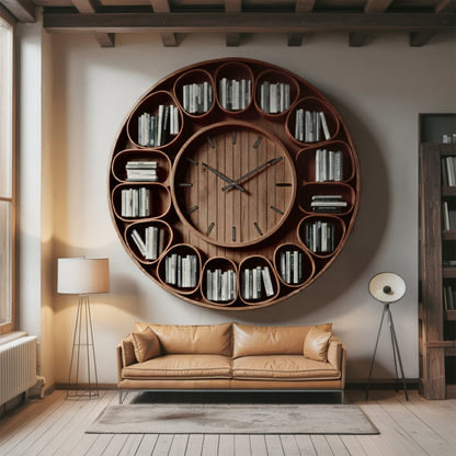 Contemporary Round Wall Bookshelf With Clock For Living Room And Home Office Kitchnce