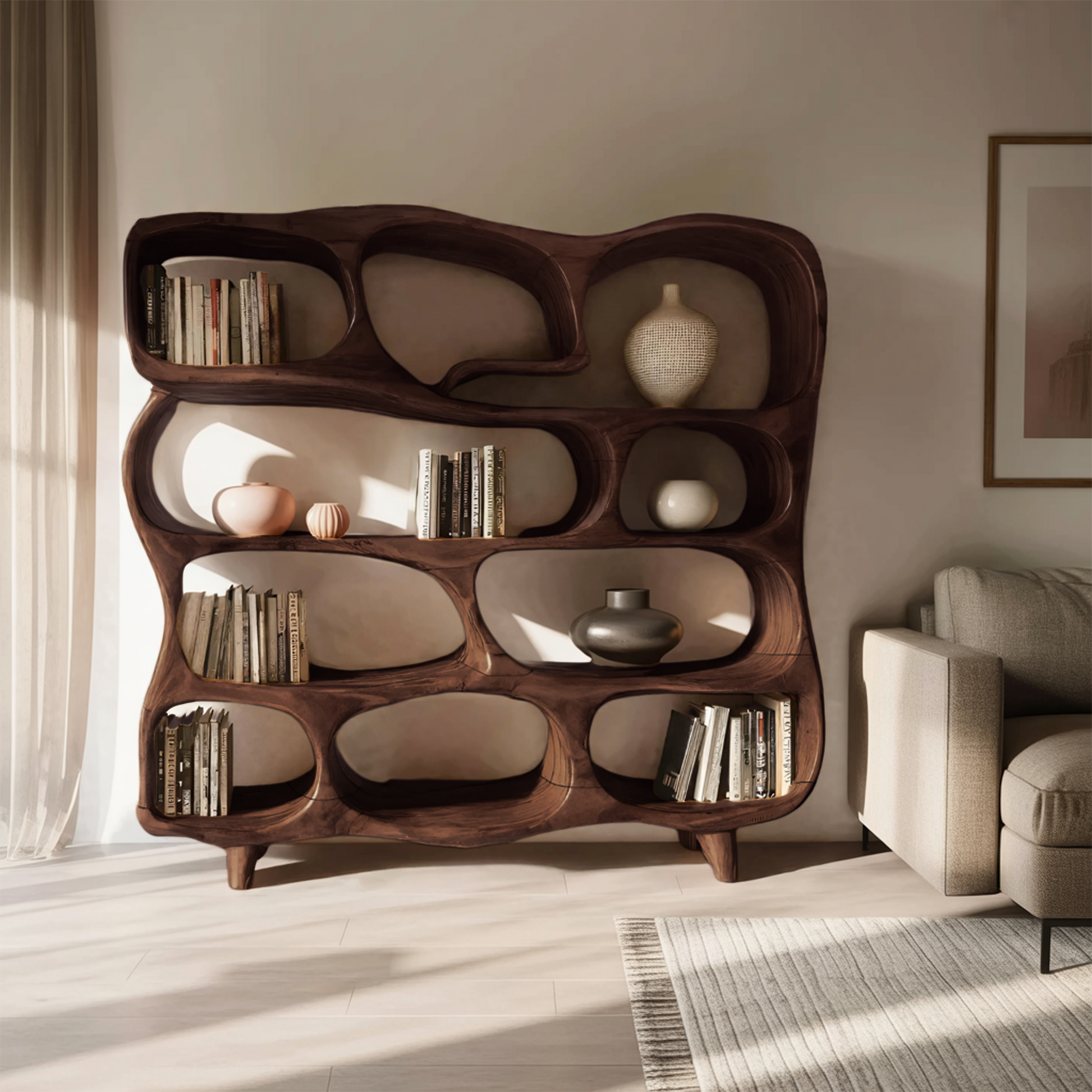 Modern Handcrafted Bookshelf With Curved Design For Living Room Kitchnce