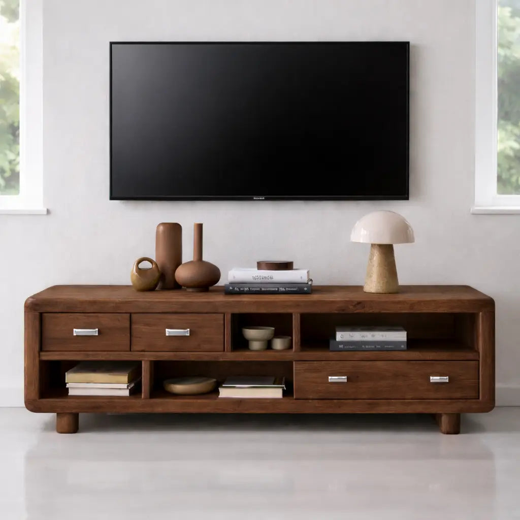 Solid Wood TV Stand with Drawers and Open Shelves Rustic Oak Media Console for Living Room Kitchnce