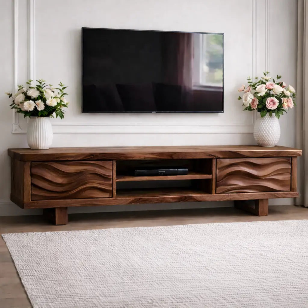 Solid Wood TV Stand with Wave Pattern Doors Modern Wooden Media Console for Living Room Kitchnce