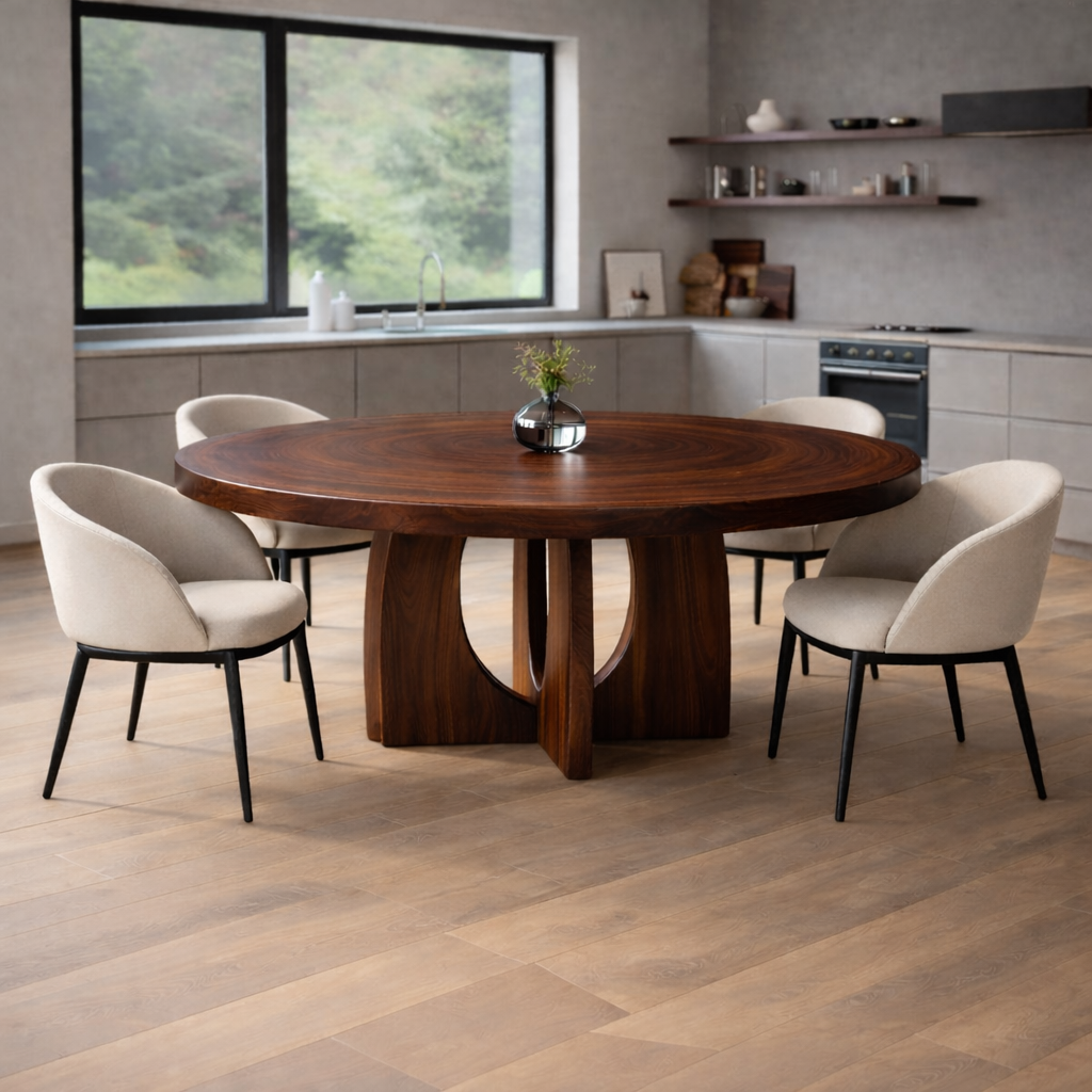 Round Solid Wood Dining Table with Sculptural Pedestal Base Modern Kitchen Table