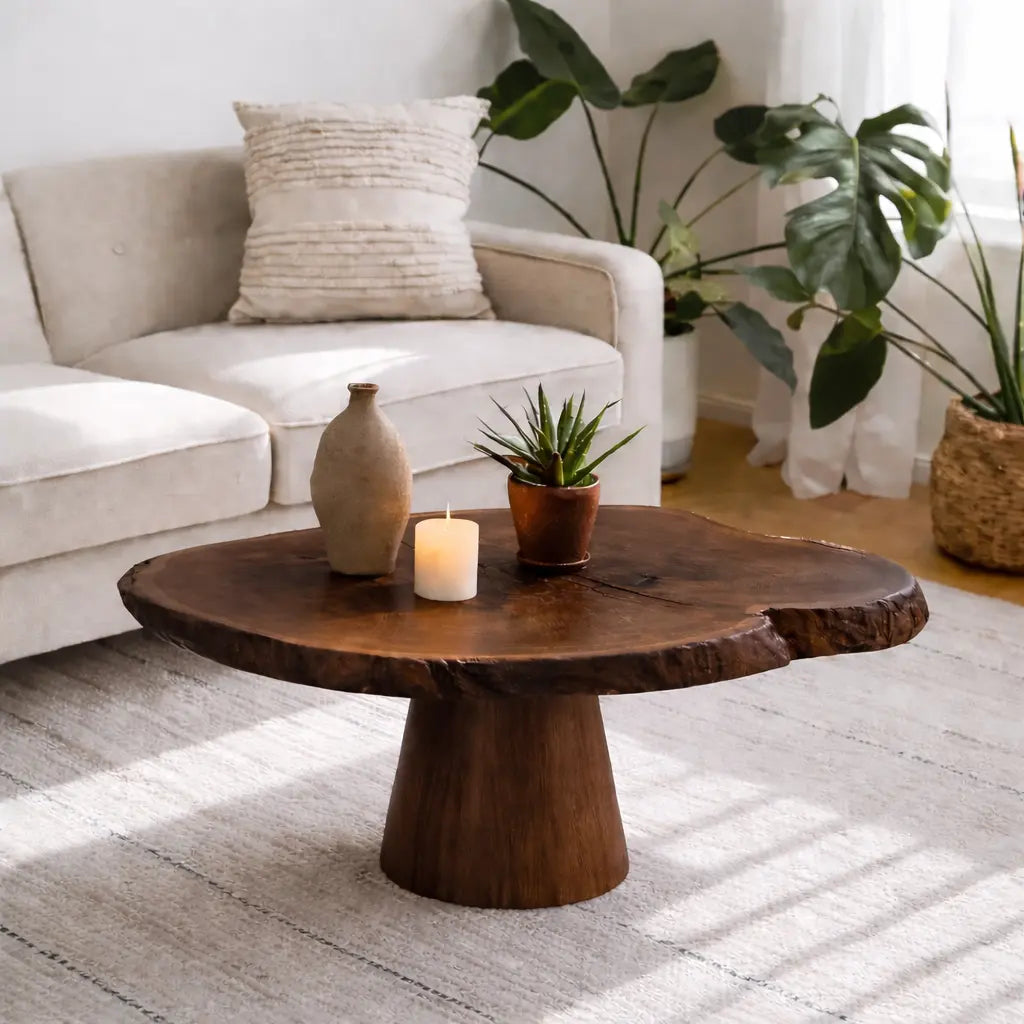 Live Edge Solid Wood Coffee Table for Living Room with Pedestal Base Kitchnce