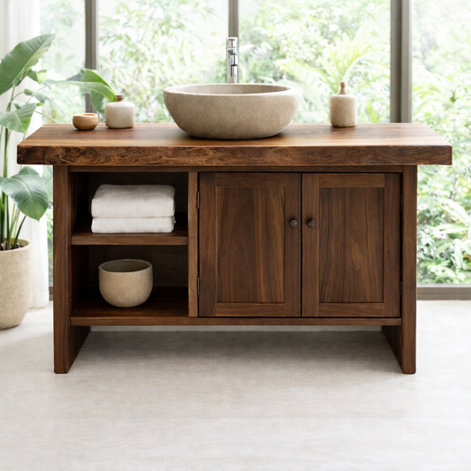Solid Wood Bathroom Vanity Cabinet with Double Doors and Open Shelf – Rustic Modern Freestanding Vanity Base Kitchnce