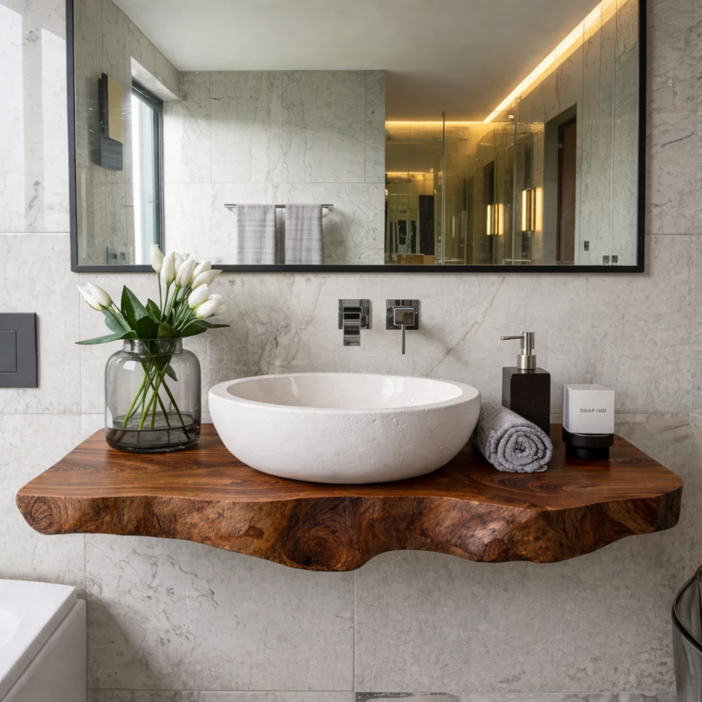 Floating Live Edge Solid Wood Bathroom Vanity Shelf – Natural Wood Wall Mounted Vanity Top Kitchnce