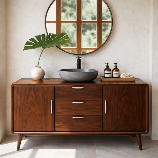 Mid Century Solid Wood Bathroom Vanity with Drawer Storage and Cabinet Doors