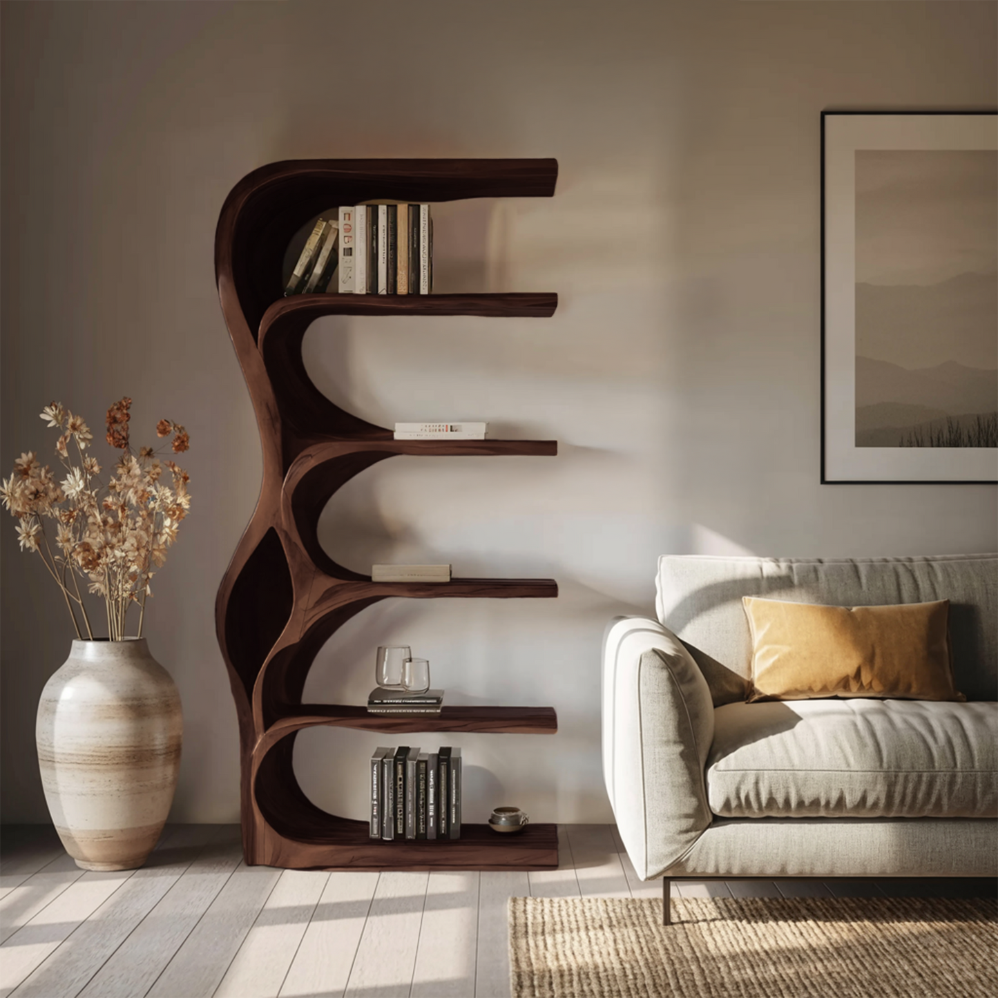 Organic Bookshelf With Curved Open Shelving For Bedroom Decor Kitchnce