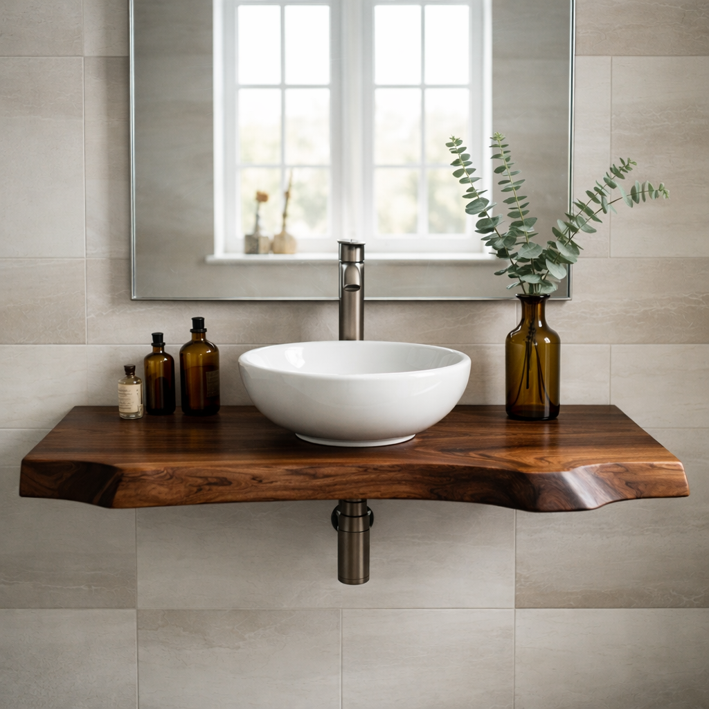 Floating Live Edge Solid Wood Bathroom Vanity – Wall Mounted Natural Wood Slab Vanity Kitchnce