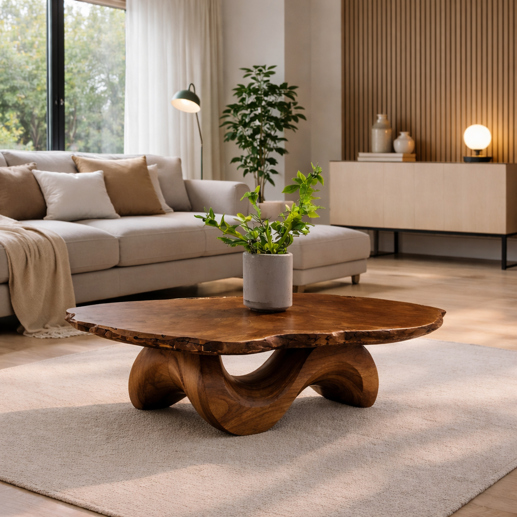 Live Edge Solid Wood Coffee Table with Sculptural Curved Base