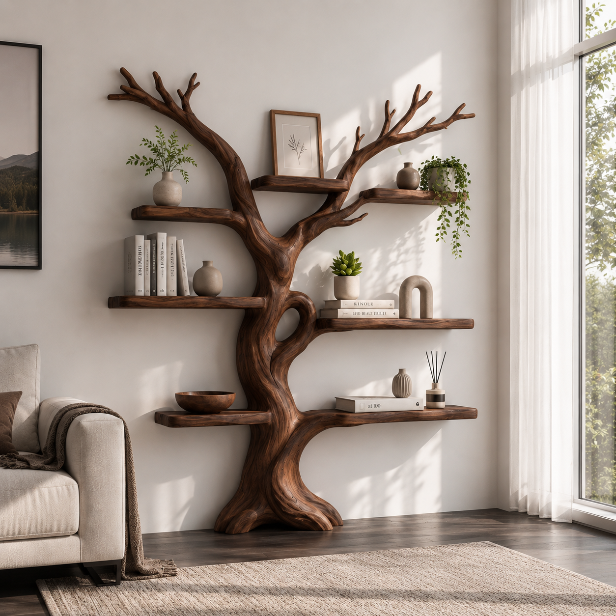 Handcrafted Solid Wood Tree Bookshelf with Asymmetrical Floating Shelves