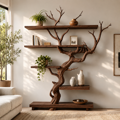 Handcrafted Solid Wood Tree Room Divider Bookshelf with Floating Shelves