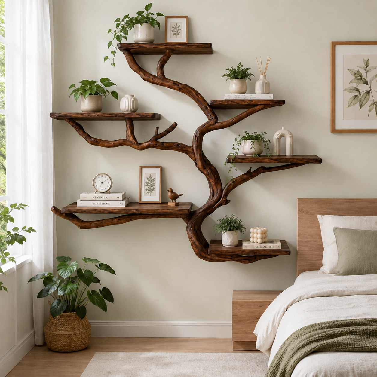 Handcrafted Solid Wood Tree Bookshelf with Curved Floating Shelves