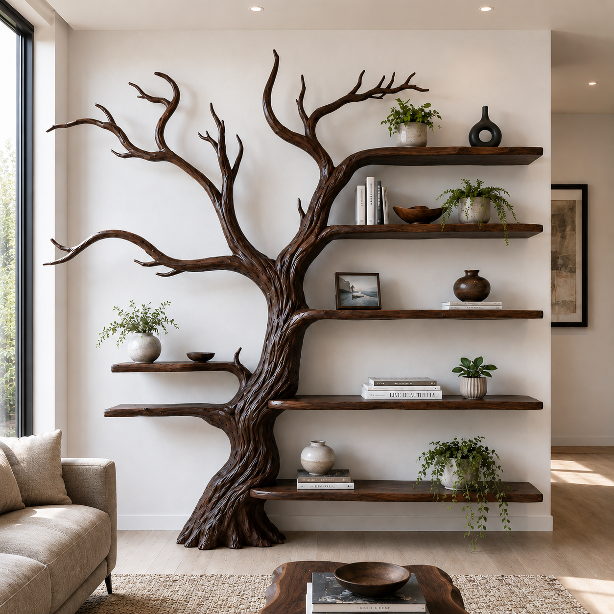 Handcrafted Solid Wood Tree Bookshelf with Open Floating Shelves