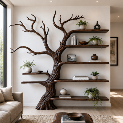 Handcrafted Solid Wood Tree Bookshelf with Open Floating Shelves