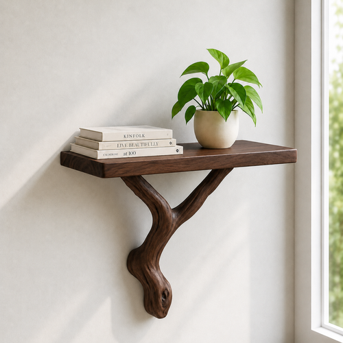 Handcrafted Solid Wood Floating Shelf with Organic Wood Bracket
