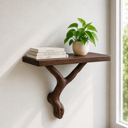 Handcrafted Solid Wood Floating Shelf with Organic Wood Bracket