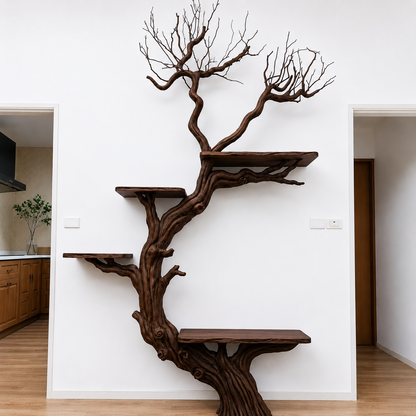 Handcrafted Solid Wood Tree Wall Shelf with Twisted Branch Design
