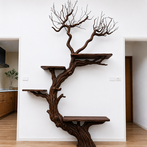 Handcrafted Solid Wood Tree Wall Shelf with Twisted Branch Design