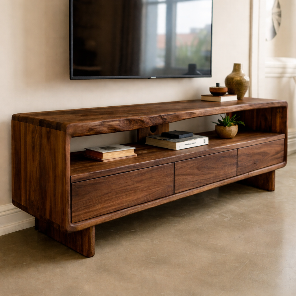 Mid Century Modern Solid Wood TV Stand – Walnut Media Console with Storage Drawers Kitchnce