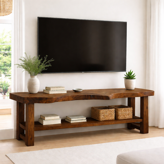Live Edge Solid Wood TV Stand with Shelf – Rustic Walnut Media Console Table Kitchnce