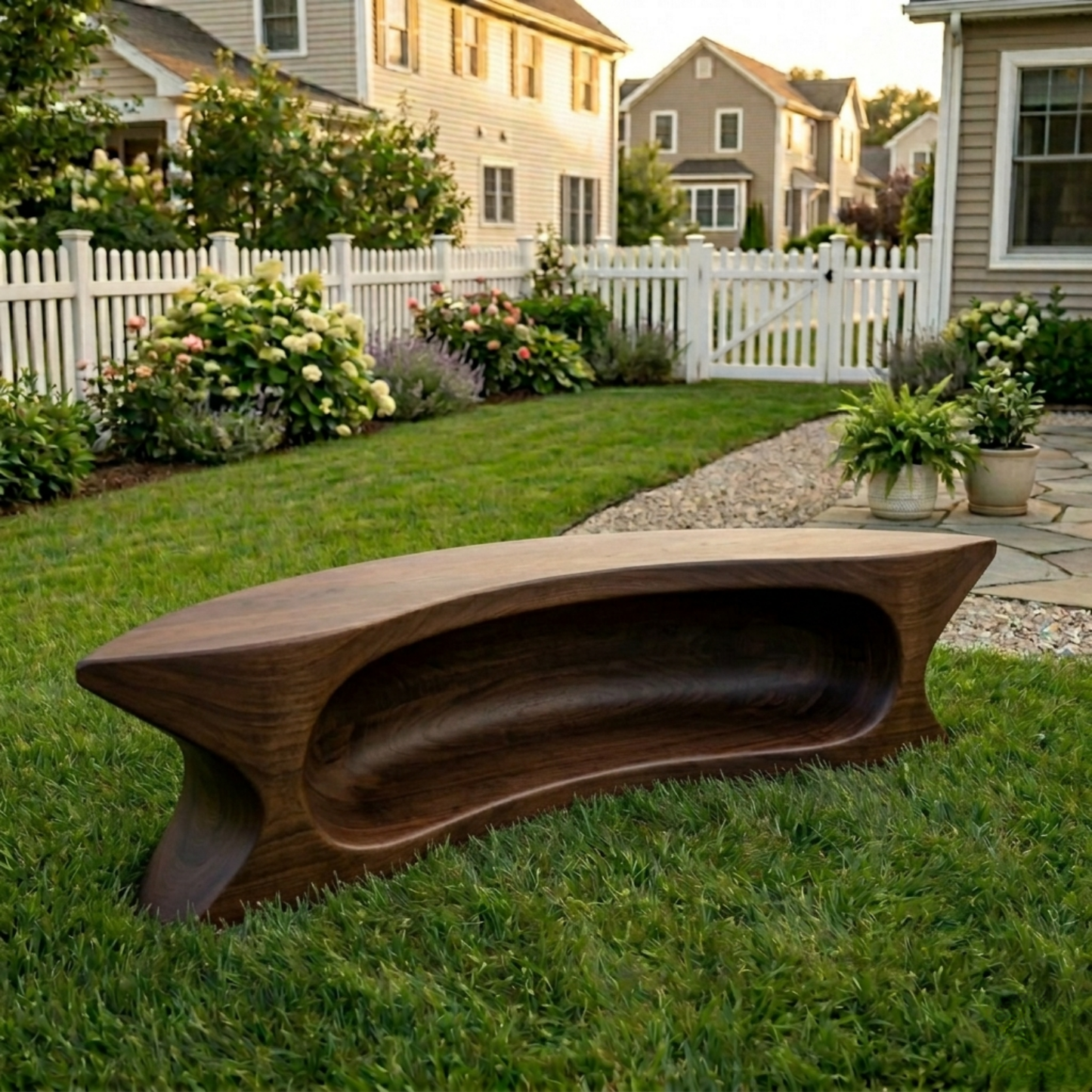 Solid Wood Outdoor Bench with Sculpted Hollow Base and Organic Curved Silhouette