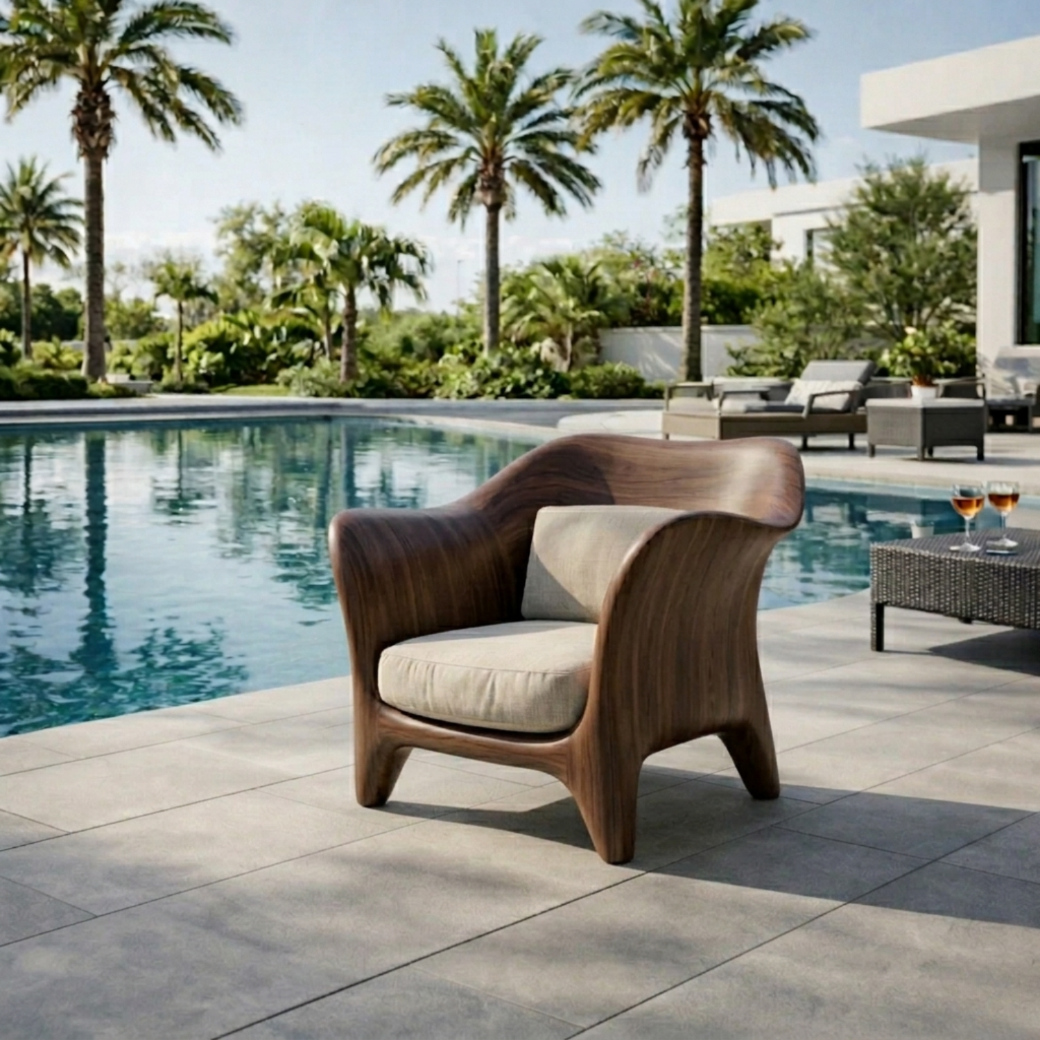 Handcrafted Solid Wood Lounge Chair – Sculpted Curved Outdoor Accent Chair