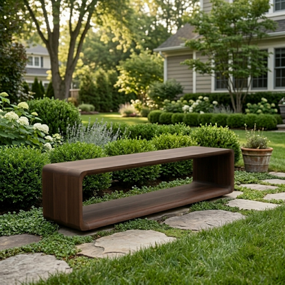 Solid Wood Outdoor Bench with Open Shelf Base and Rounded Waterfall Frame