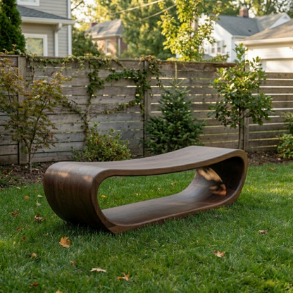 Solid Wood Outdoor Bench Curved Hollow Design with Sculptural Loop Base
