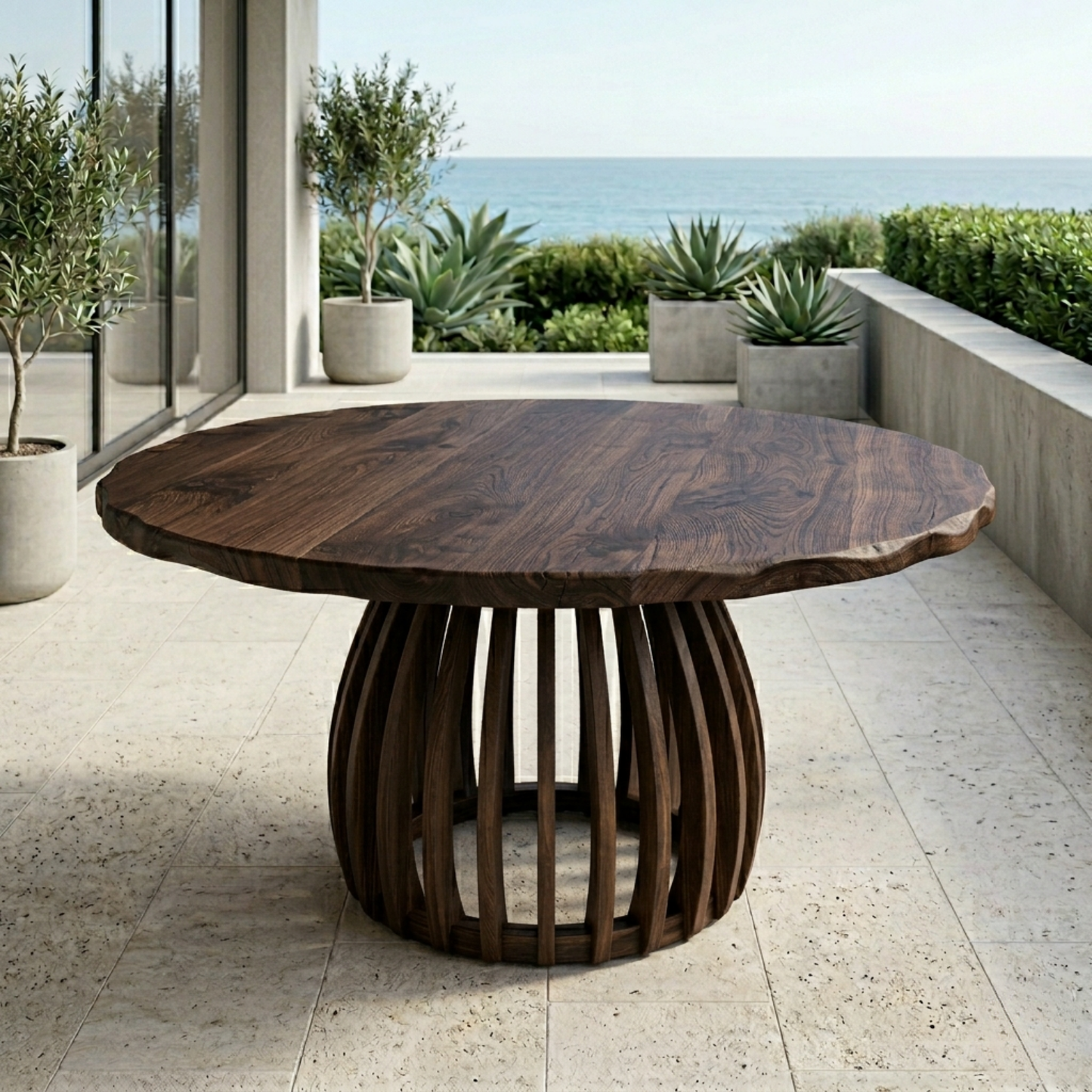 Round Live Edge Solid Wood Outdoor Dining Table with Sculptural Slatted Pedestal Base