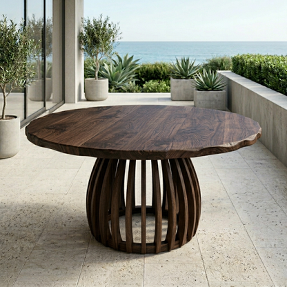 Round Live Edge Solid Wood Outdoor Dining Table with Sculptural Slatted Pedestal Base