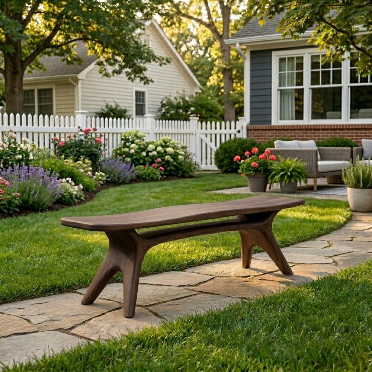 Solid Wood Outdoor Bench with Sculptural Tapered Legs and Floating Seat Design
