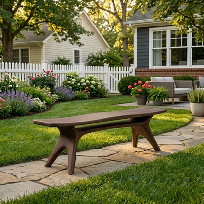 Solid Wood Outdoor Bench with Sculptural Tapered Legs and Floating Seat Design