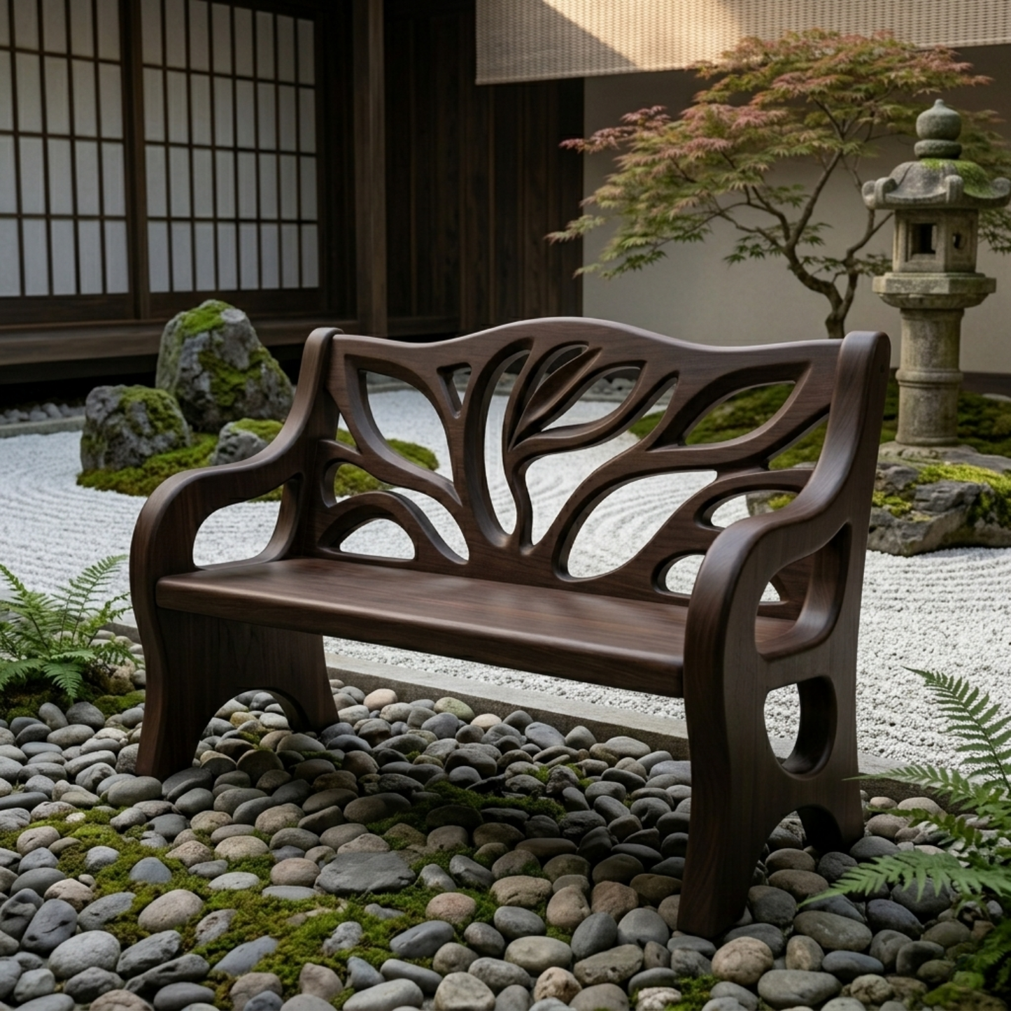 Solid Wood Outdoor Bench with Tree-Inspired Carved Backrest Garden Patio Seating