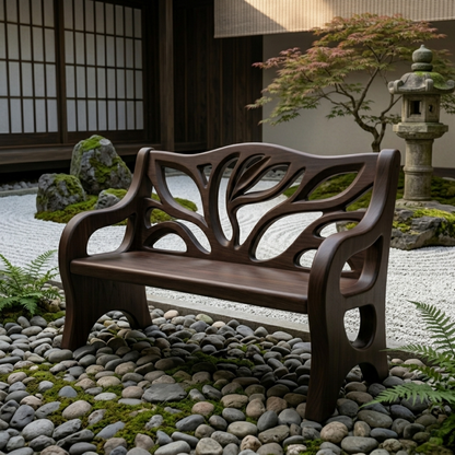 Solid Wood Outdoor Bench with Tree-Inspired Carved Backrest Garden Patio Seating
