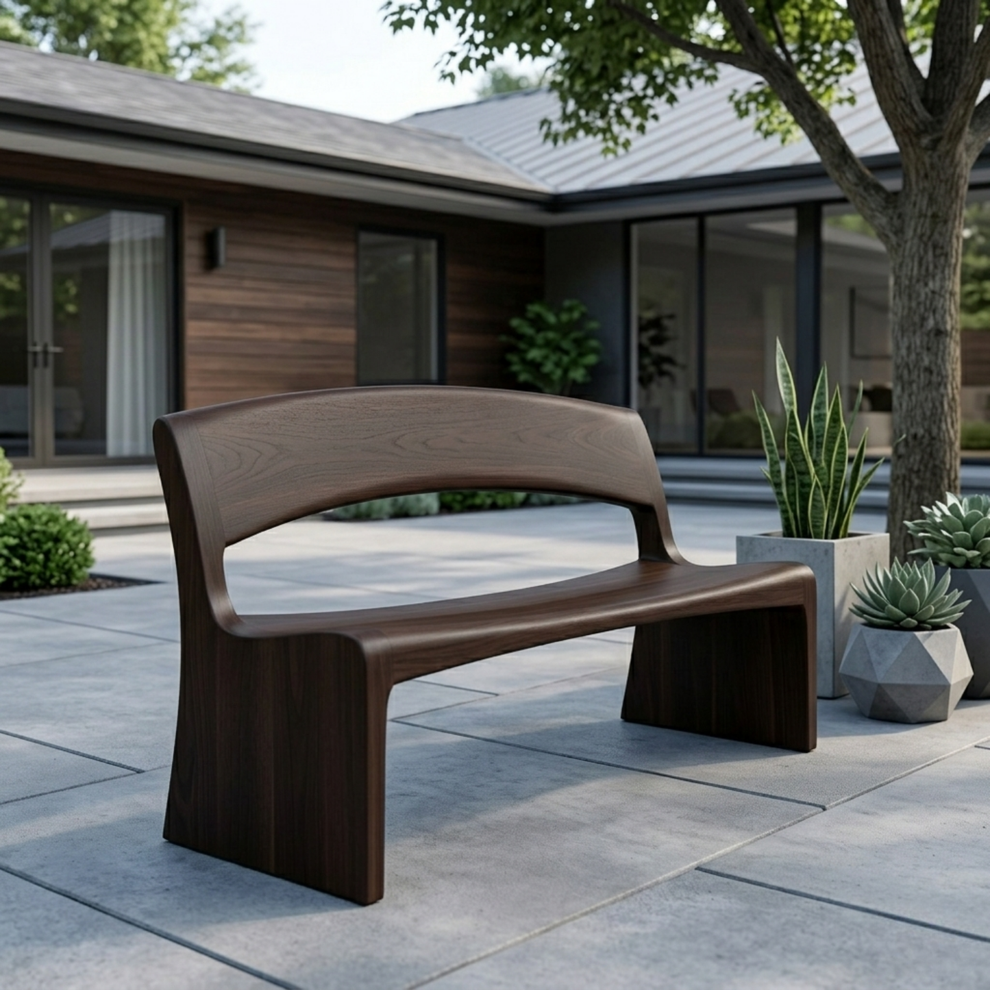 Solid Wood Outdoor Bench with Open Back Curve Modern Patio Garden Seating