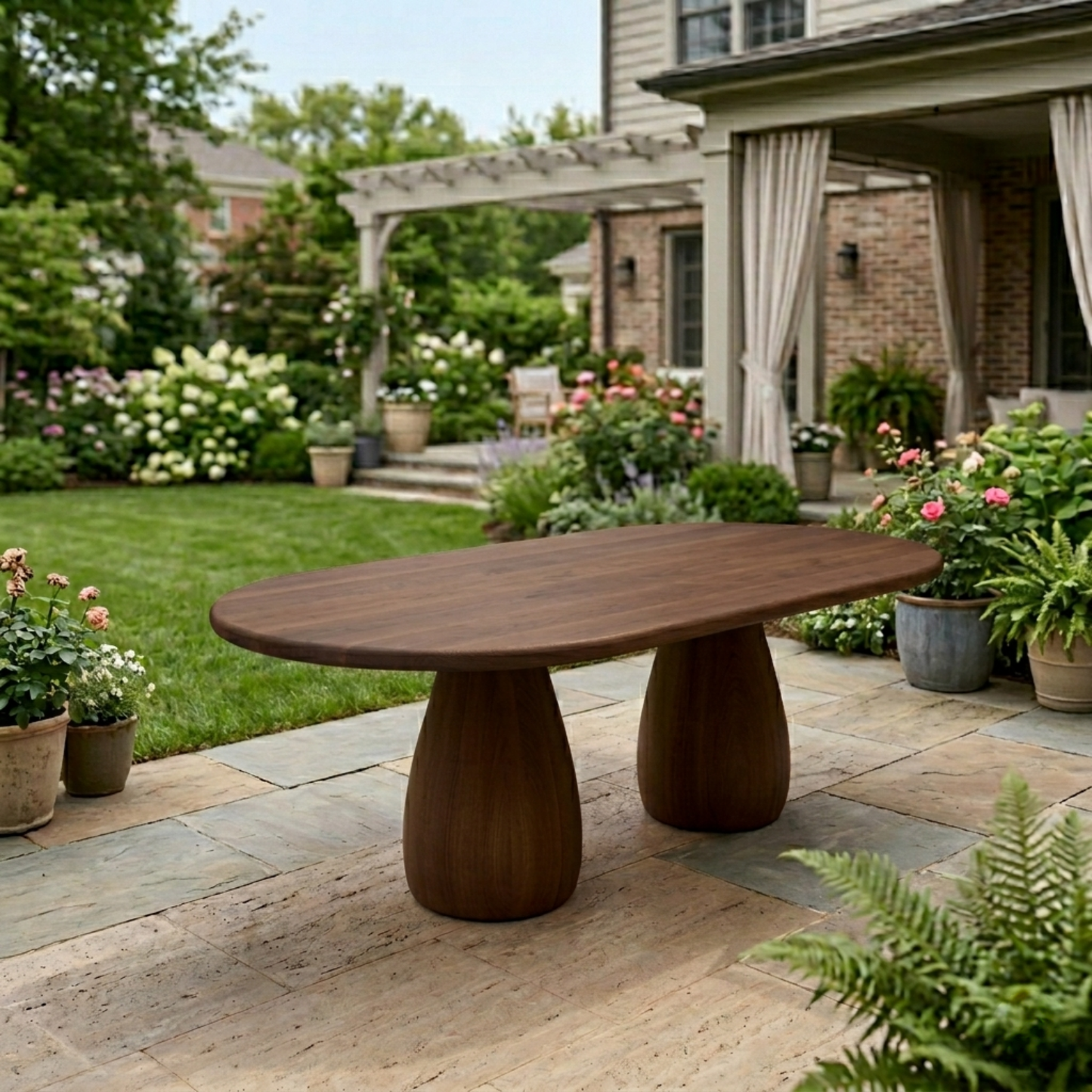 Oval Solid Wood Outdoor Dining Table with Double Rounded Form Base