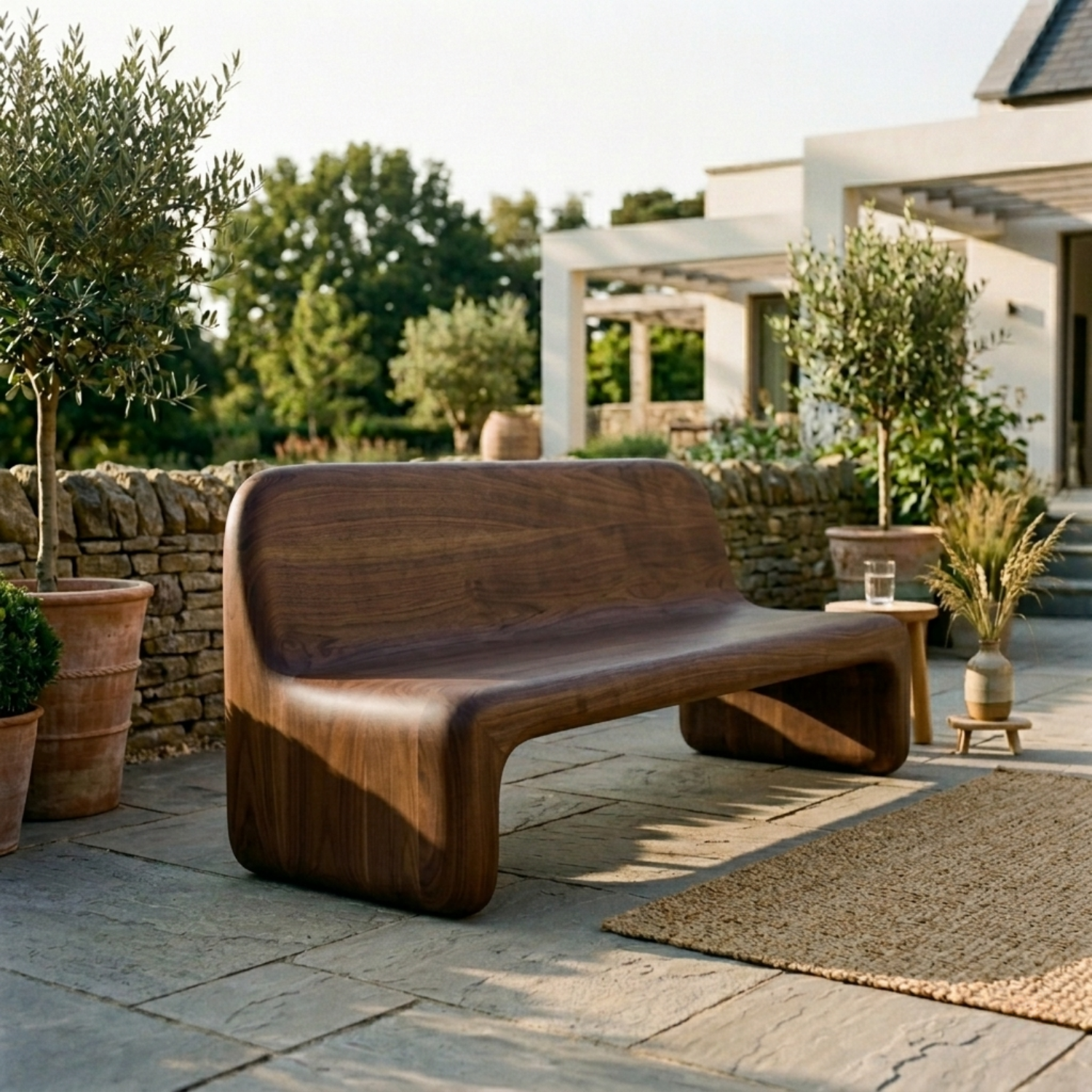 Handcrafted Solid Wood Outdoor Sofa – Sculptural Curved Patio Bench Seat