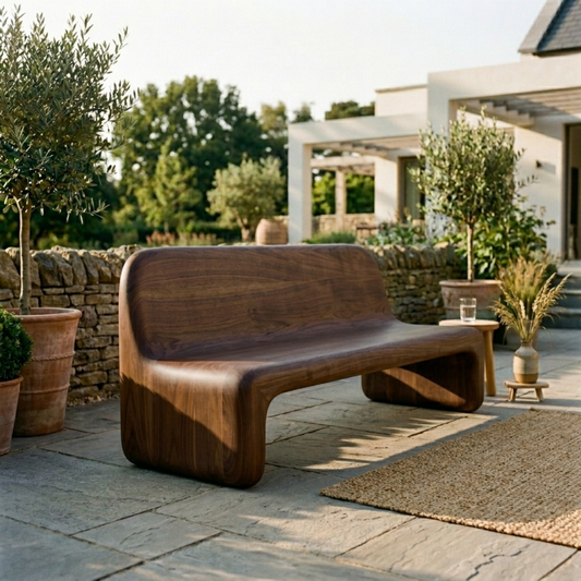 Handcrafted Solid Wood Outdoor Sofa – Sculptural Curved Patio Bench Seat