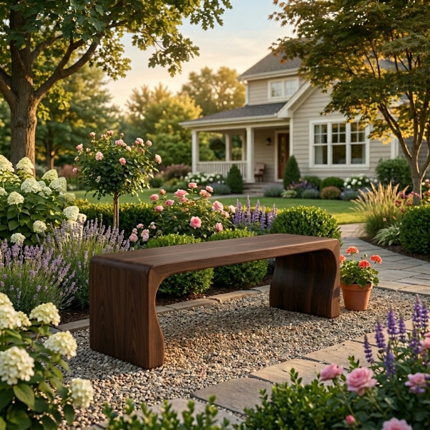 Solid Wood Outdoor Bench with Curved Waterfall Frame and Soft Rounded Edges