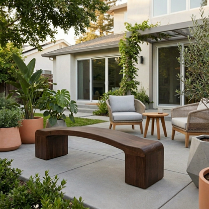 Solid Wood Outdoor Bench Curved Seat with Sculptural Block Legs Minimalist Design
