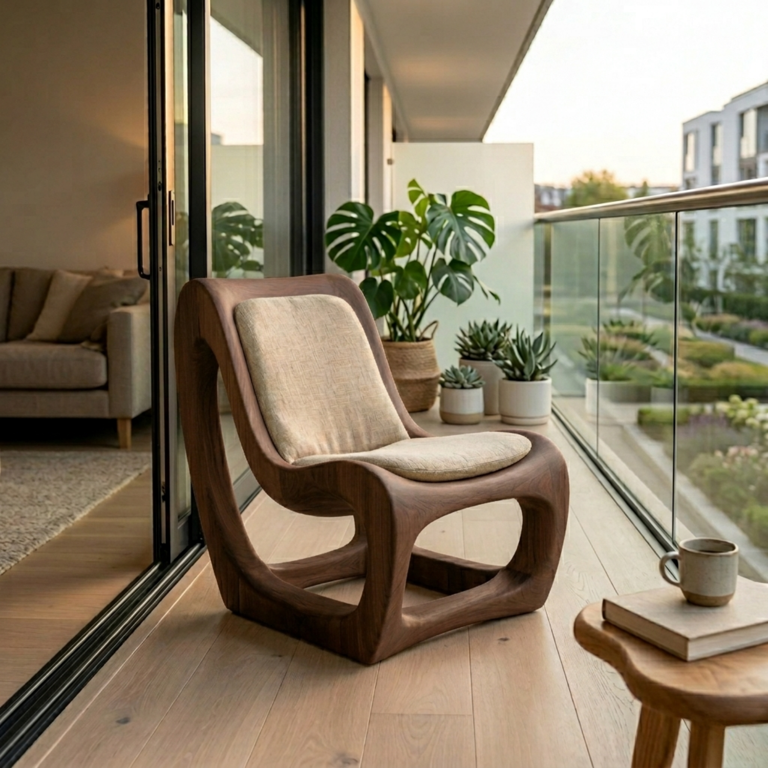 Handcrafted Solid Wood Lounge Chair – Sculptural Curved Base Accent Chair